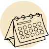 Simple line art of a desk calendar on a yellow circular background, depicting monthly date squares and a spiral binding at the top.