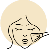 A minimalist illustration of a woman's face with closed eyes, gently applying makeup with a brush against a golden circle background.