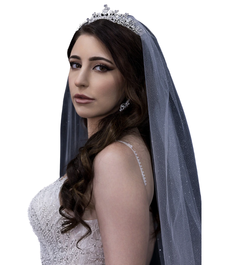 A profile view of a bride in a detailed, embellished wedding dress, with long dark curls and a sparkling tiara, wearing a sheer veil.