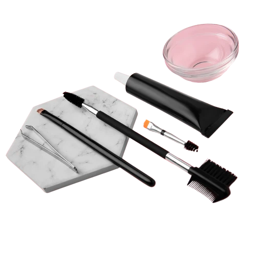 A flat lay of makeup tools including tweezers, brushes, and a small pink bowl on a marble surface. Ideal for beauty routines. A flat lay of makeup tools including tweezers, brushes, and a small pink bowl on a marble surface. Ideal for beauty routines.